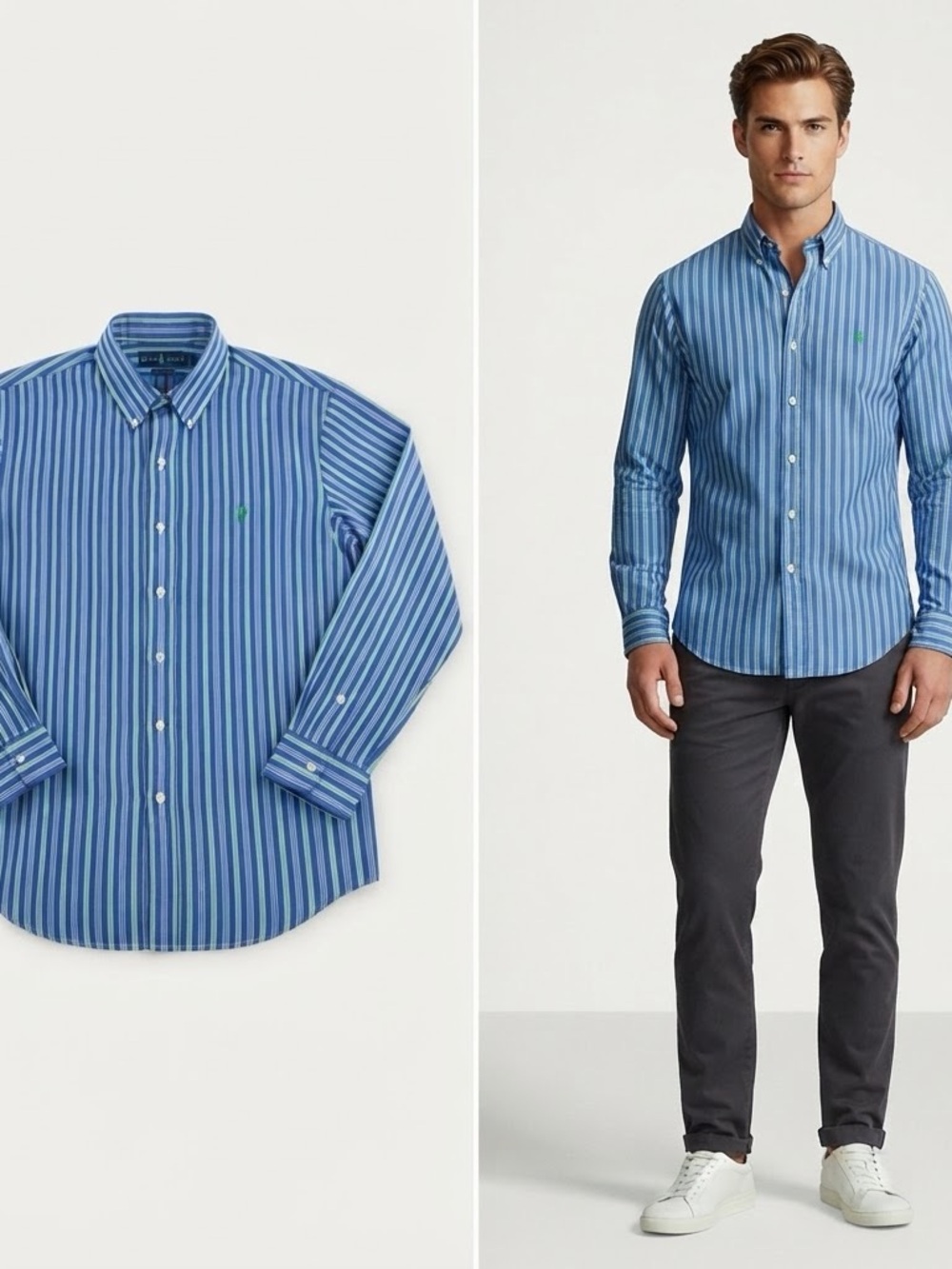 Ralph Lauren Blue Striped Dress Shirt with Green Pony Large